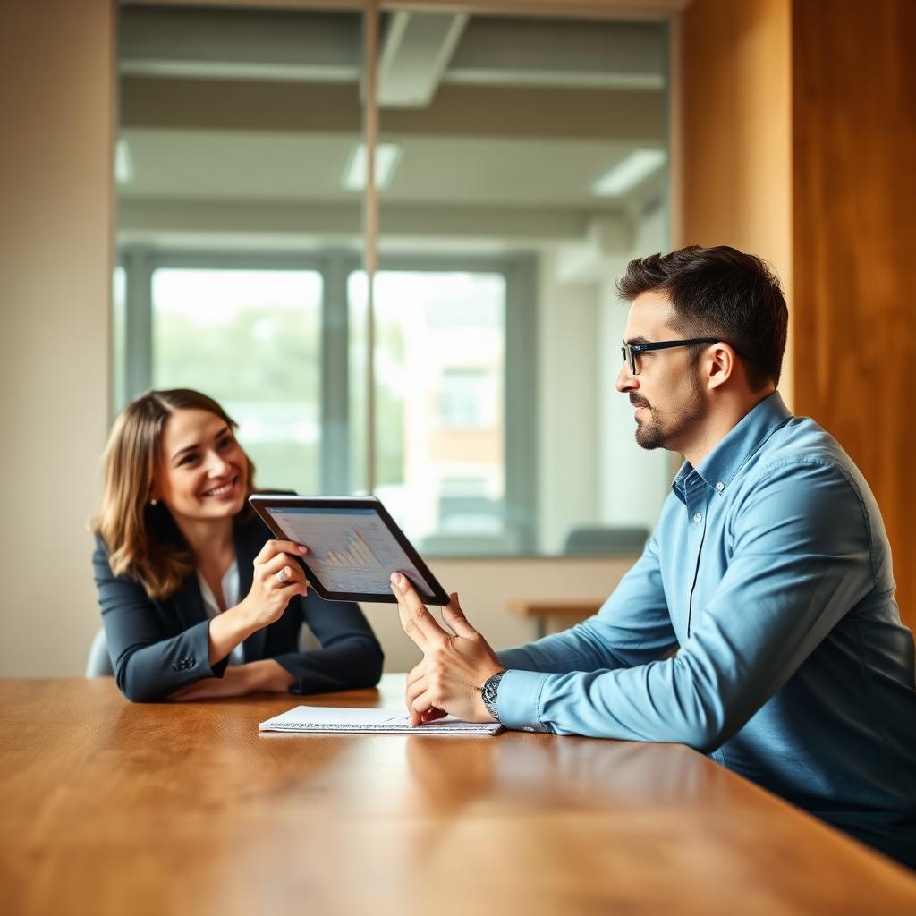 Deux personnes en discussion, iPad en main — phase chiffrage