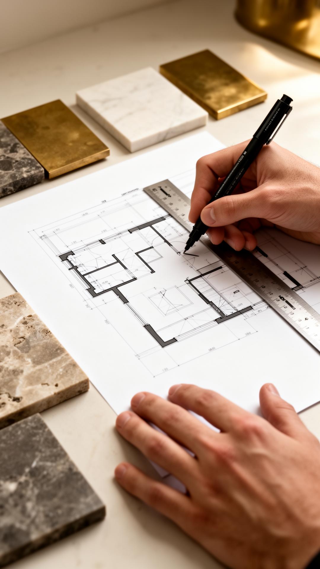 Conception — dessin d'un plan de boutique sur table d'architecte avec échantillons matières
