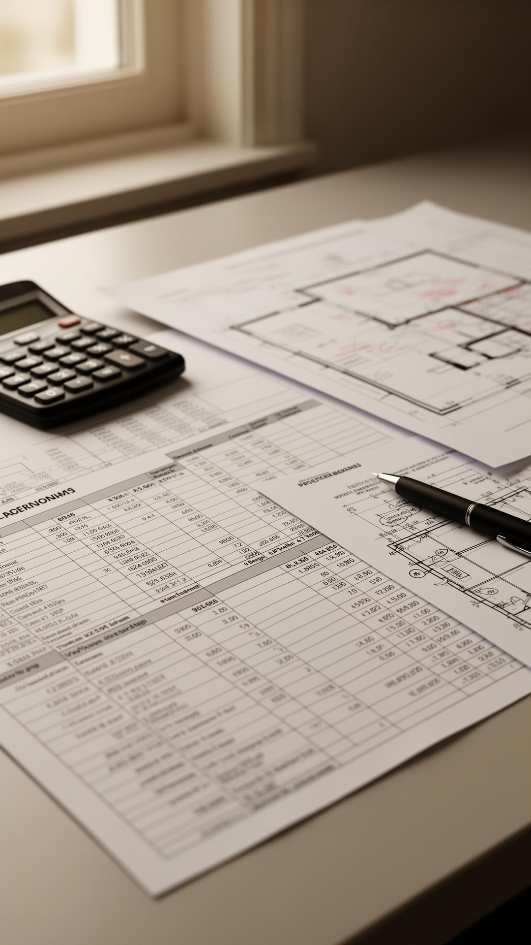 Chiffrage — métré détaillé, plans annotés et calculatrice sur le bureau du chargé d'affaires