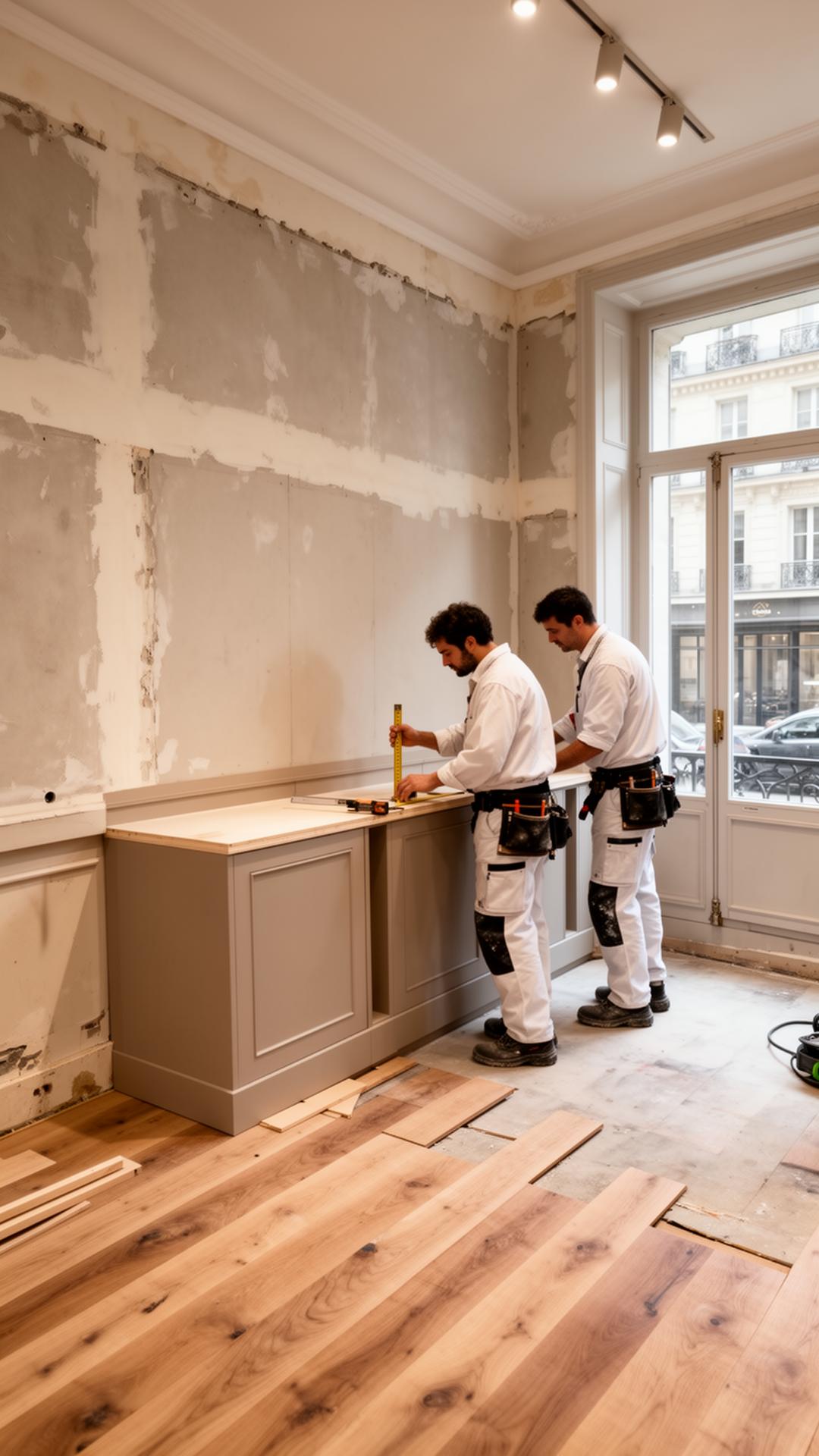 Chantier — rénovation d'une boutique parisienne, pose du parquet et ajustement de l'agencement