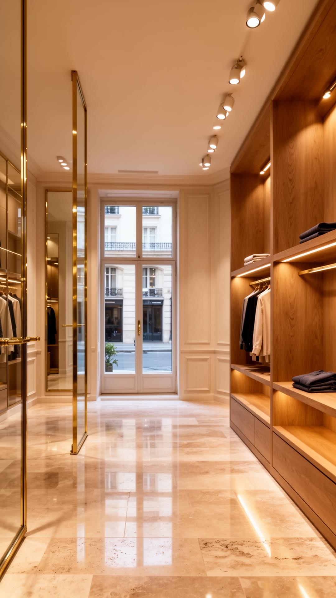 Livraison — boutique premium finie, parquet ciré, agencement chêne et laiton, prête à ouvrir